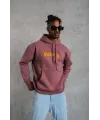 Erkek 3 İplik Pamuklu Kapüşonlu Baskılı Cepli Oversize Sweatshirt Hoodie - Gül Kurusu