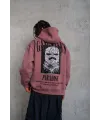 Erkek 3 İplik Pamuklu Kapüşonlu Baskılı Cepli Oversize Sweatshirt Hoodie - Gül Kurusu