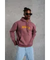 Erkek 3 İplik Pamuklu Kapüşonlu Baskılı Cepli Oversize Sweatshirt Hoodie - Gül Kurusu