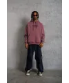 Erkek 3 İplik Pamuklu Kapüşonlu Baskılı Cepli Oversize Sweatshirt Hoodie - Gül Kurusu