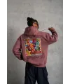 Erkek 3 İplik Pamuklu Kapüşonlu Baskılı Cepli Sweatshirt Hoodie - Gül Kurusu