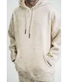 ERKEK  3 iplik Pamuklu Oversize Kapşonlu Yıkamalı SweatShirt Hoodie - Krem