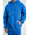 ERKEK 3 İplik Pamuklu Oversize Kapüşonlu Yıkamalı Hoodie SweatShirt - Mavi