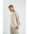 Erkek 3 İplik Pamuklu Yağ Yıkamalı Sweatshirt Double Oversize Bisiklet Yaka Uzun Kol - Krem