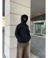 Erkek 3 iplik Samuray kapüşonlu ZIP Fermuarlı SweatShirt Hoodie - Siyah