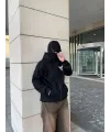 Erkek 3 iplik Samuray kapüşonlu ZIP Fermuarlı SweatShirt Hoodie - Siyah