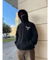 Erkek 3 iplik Samuray kapüşonlu ZIP Fermuarlı SweatShirt Hoodie - Siyah