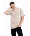 Erkek Asit Yıkama Bisiklet Yaka Kısa Kollu Oversize T-Shirt Tişört - Bej