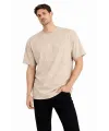 Erkek Asit Yıkama Bisiklet Yaka Kısa Kollu Oversize T-Shirt Tişört - Bej