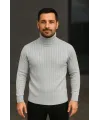 Erkek Balıkcı Yaka Bağazlı Triko Kazak Pamuklu Kalın Fitilli Dokuma, Regular Fit Uzun Kollu Kışlık Model - Gri