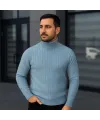 Erkek Balıkcı Yaka Bağazlı Triko Kazak Pamuklu Kalın Fitilli Dokuma, Regular Fit Uzun Kollu Kışlık Model - Bebe Mavisi