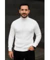 Erkek Balıkcı Yaka Bağazlı Triko Kazak Pamuklu Kalın Fitilli Dokuma, Regular Fit Uzun Kollu Kışlık Model - Beyaz