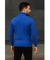 Erkek Balıkcı Yaka Bağazlı Triko Kazak Pamuklu Kalın Fitilli Dokuma, Regular Fit Uzun Kollu Kışlık Model - Saks Mavisi