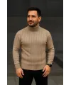 Erkek Balıkcı Yaka Bağazlı Triko Kazak Pamuklu Kalın Fitilli Dokuma, Regular Fit Uzun Kollu Kışlık Model - Bej