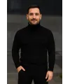 Erkek Balıkcı Yaka Bağazlı Triko Kazak Pamuklu Kalın Fitilli Dokuma, Regular Fit Uzun Kollu Kışlık Model - Siyah