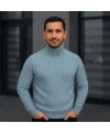 Erkek Balıkcı Yaka Bağazlı Triko Kazak Pamuklu Kalın Fitilli Dokuma, Regular Fit Uzun Kollu Kışlık Model - Bebe Mavisi
