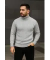 Erkek Balıkcı Yaka Bağazlı Triko Kazak Pamuklu Kalın Fitilli Dokuma, Regular Fit Uzun Kollu Kışlık Model - Gri