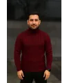 Erkek Balıkcı Yaka Bağazlı Triko Kazak Pamuklu Kalın Fitilli Dokuma, Regular Fit Uzun Kollu Kışlık Model - Bordo