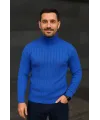 Erkek Balıkcı Yaka Bağazlı Triko Kazak Pamuklu Kalın Fitilli Dokuma, Regular Fit Uzun Kollu Kışlık Model - Saks Mavisi