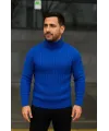 Erkek Balıkcı Yaka Bağazlı Triko Kazak Pamuklu Kalın Fitilli Dokuma, Regular Fit Uzun Kollu Kışlık Model - Saks Mavisi