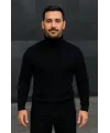Erkek Balıkcı Yaka Bağazlı Triko Kazak Pamuklu Kalın Fitilli Dokuma, Regular Fit Uzun Kollu Kışlık Model - Siyah