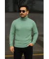 Erkek Balıkcı Yaka Bağazlı Triko Kazak Pamuklu Kalın Fitilli Dokuma, Regular Fit Uzun Kollu Kışlık Model - Mint Yeşili