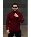 Erkek Balıkcı Yaka Bağazlı Triko Kazak Pamuklu Kalın Fitilli Dokuma, Regular Fit Uzun Kollu Kışlık Model - Bordo