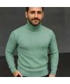 Erkek Balıkcı Yaka Bağazlı Triko Kazak Pamuklu Kalın Fitilli Dokuma, Regular Fit Uzun Kollu Kışlık Model - Mint Yeşili