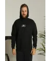 Erkek Baskılı Oversize Üç İplik Kapüşonlu Sweatshirt - Siyah