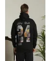 Erkek Baskılı Oversize Üç İplik Kapüşonlu Sweatshirt - Siyah