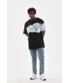 Erkek  Bisiklet Yaka Baskılı Oversize T-Shirt - Siyah