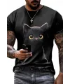 Erkek Bisiklet Yaka Kedi Baskılı Süprem T-shirt