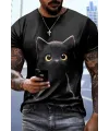 Erkek Bisiklet Yaka Kedi Baskılı Süprem T-shirt