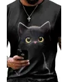 Erkek Bisiklet Yaka Kedi Baskılı Süprem T-shirt