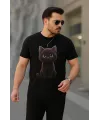 Erkek Bisiklet Yaka Kedi Baskılı Süprem T-shirt