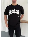 Erkek Bisiklet Yaka Ön Baskılı  Kısa Kollu Tişört Streetwear Günlük Basic Pamuklu T-shirt - Siyah