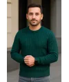 Erkek Bisiklet Yuvarlak Yaka Triko Kazak Pamuklu Kalın Fitilli Dokuma, Regular Fit Uzun Kollu Kışlık Model - Haki