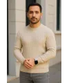 Erkek Bisiklet Yuvarlak Yaka Triko Kazak Pamuklu Kalın Fitilli Dokuma, Regular Fit Uzun Kollu Kışlık Model - Bej