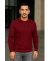 Erkek Bisiklet Yuvarlak Yaka Triko Kazak Pamuklu Kalın Fitilli Dokuma, Regular Fit Uzun Kollu Kışlık Model - Bordo