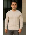 Erkek Bisiklet Yuvarlak Yaka Triko Kazak Pamuklu Kalın Fitilli Dokuma, Regular Fit Uzun Kollu Kışlık Model - Bej