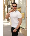 Erkek Çizgi Desenli Fermuar Yakalı Kısa Kollu Tişört