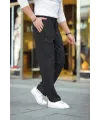 Erkek Cizgili Dokuma Krep Jogger Buggy Pantalon Rahat Kalıp - Siyah