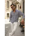 Erkek Dikey Çizgili Yarım Oversize Gömlek