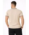 Erkek Fermuarlı Yaka Fitilli Triko Kısa Kollu Regular Fit Tişört T-shirt - Bej