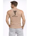 Erkek Fitilli Atlet Sıfır Yaka Slim Fit Arka Baskılı Spor Atlet - Bej