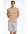Erkek Fitilli Atlet Sıfır Yaka Slim Fit Arka Baskılı Spor Atlet - Bej