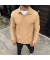 Erkek Fitilli Polar Sweatshirt Düğmesiz Yaka Oversize - Bej