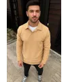 Erkek Fitilli Polar Sweatshirt Düğmesiz Yaka Oversize - Bej