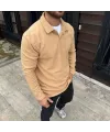 Erkek Fitilli Polar Sweatshirt Düğmesiz Yaka Oversize - Bej