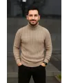 Erkek Fitilli Triko Kazak 2li Set Bej Siyah Regular Balıkcı Yaka Tam Boğazlı Triko Seti Modeli Kazak